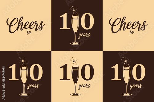 Cheers to 100 years celebration typography with champagne glass and bubbles in vintage style