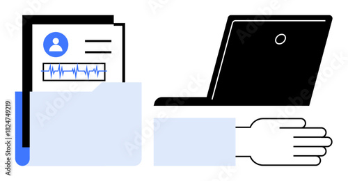Medical folder with patient records and heart monitor next to outstretched hand holding laptop. Ideal for healthcare, telemedicine, technology, data management, innovation, modern medical practices