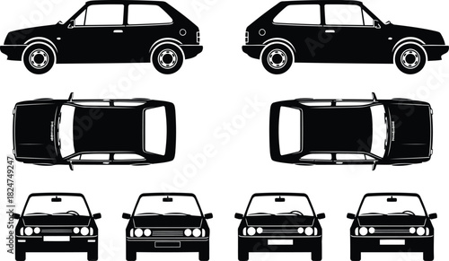 Classic hatchback auto silhouette from side, top, and front views conveys automotive design and transportation themes
