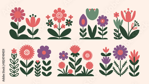Folk art floral illustration with colourful spring flowers and leaves in flat geometric style for decorative pattern and home design