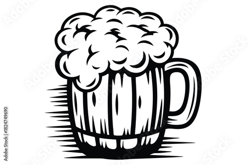 Black drawing presents beer mug filled with dense foam and energy lines