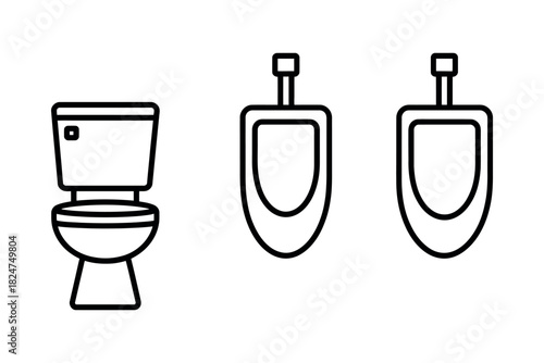 A toilet and two urinals are depicted in a clean line art illustration.