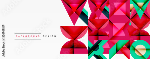 Abstract geometric shapes, vibrant pinks, greens dominate design. Modern background with layered triangles, circles, lines.