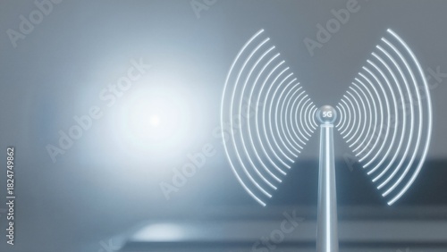5G network antenna with glowing signal waves. Futuristic wireless mobile communication technology concept. High speed internet data connection background with copy space