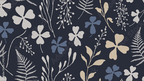 Elegant botanical floral pattern with leaves and wildflowers in soft beige and blue tones on dark navy background