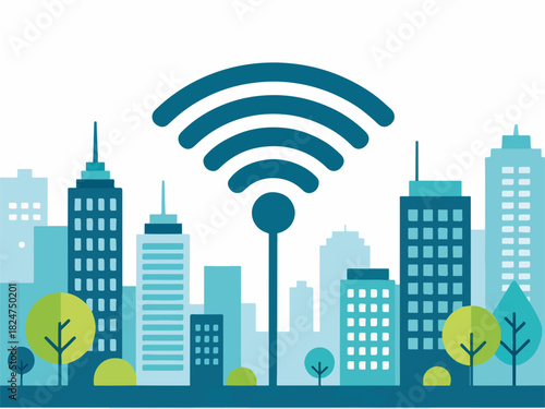 Smart city wireless connection concept. Urban internet hotspot with skyscrapers and wifi signal. Flat design vector illustration