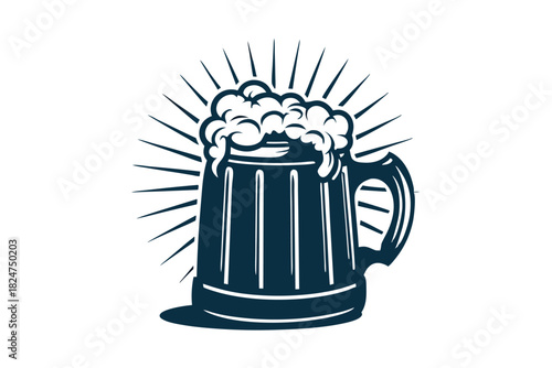 Dark blue beer mug overflows amidst radiant light lines against pure white background