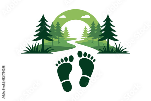 Footprints lead down a winding path through a green forest.