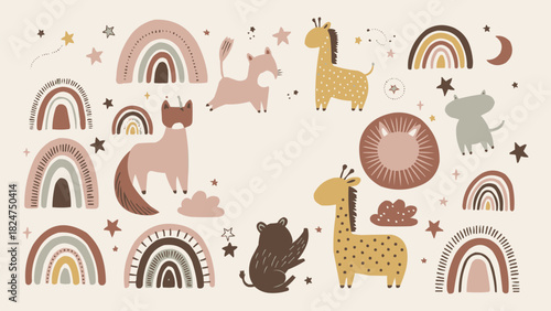 Scandinavian baby animals and rainbows pattern with pastel earthy tones for nursery wall art and kids room decoration