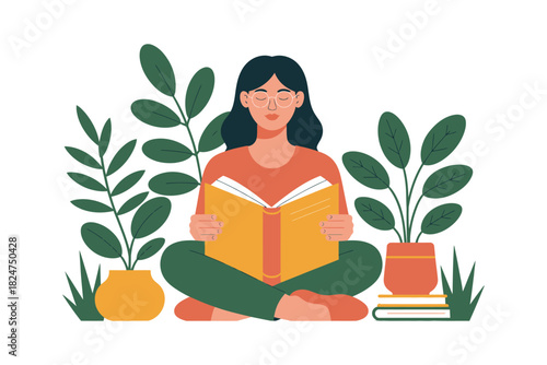 A woman sits peacefully surrounded by plants and reads a book.