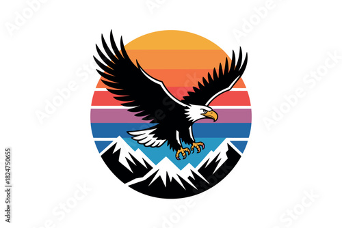 An eagle soars in front of a sunset over mountains in this graphic illustration.