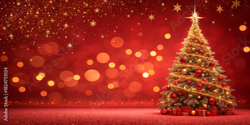 Christmas Tree With Golden Lights On Red Background, Winter Season Scene For Holiday Banners, Festive Mockups, Cards And Marketing, With Bright Copy Space And Strong Commercial Appeal