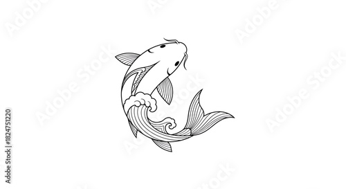 Artistic illustration of a graceful koi fish swimming through stylized waves, rendered in a classic black and white line art style