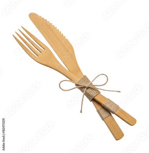 Eco-friendly tableware bamboo fork and knife set kitchen product isolated on transparent background