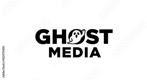 Playful ghost character integrated into bold typography for a modern media company logo. A clean vector emblem for digital branding and creative entertainment