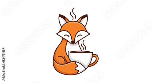 Charming cartoon fox enjoying a warm cup of coffee or tea, perfect for cafes and beverage branding