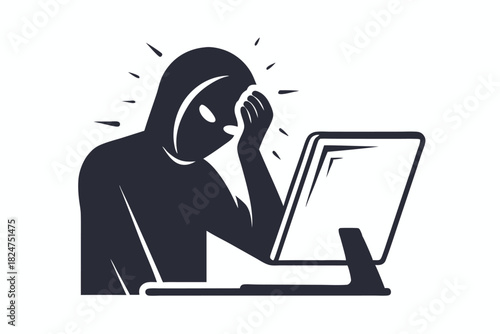 Dark silhouette of hooded hacker appears frustrated at computer terminal with head in hand