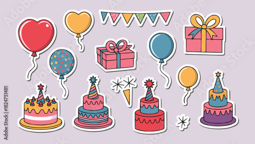 Festive birthday sticker set with cakes balloons gifts and party hats in colourful cartoon style for celebration and decoration