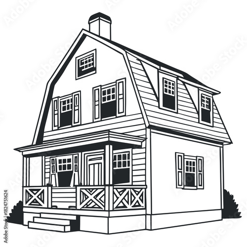 Traditional Gambrel Style House Vector. Residential Home with Porch, Dormer Windows, and Shutters