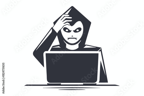 Confused hooded character stares at laptop screen with hand on his head