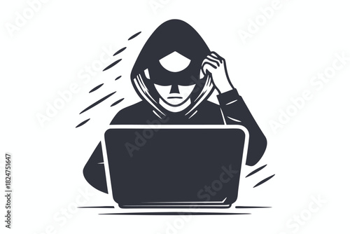 A monochrome character in a hood works on a laptop computer with focused intensity