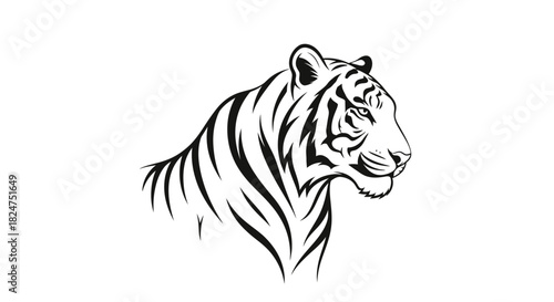 Majestic tiger head illustration, powerful predatory cat profile in elegant black and white line art, a symbol of strength and wild beauty for graphic design projects and impactful branding