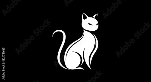 Stylized illustration of a white cat with a sleek silhouette, sitting elegantly against a black background