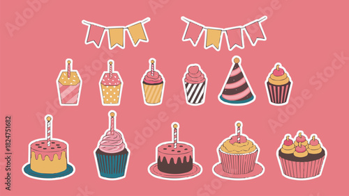 Cute cupcake and birthday cake stickers with candles and bunting on pink background for celebration design and festive illustration