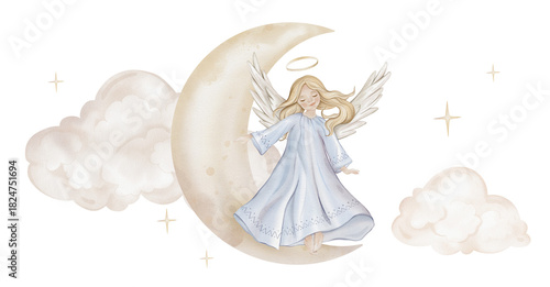 Christmas composition with angel with light hair and nimbus on moon. Watercolor illustration Christian Nativity angel with wings and stars and clouds for religious baptism invitation.