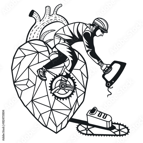 Biker on Geometric Heart Vector. Cyclist Pedaling Mechanical Organ with Chainsaw and Gear