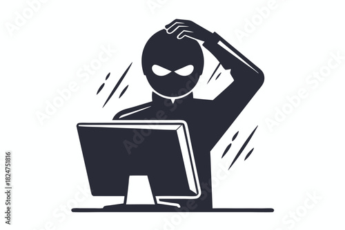 A masked figure at the computer scratches his head, appearing puzzled by something seen