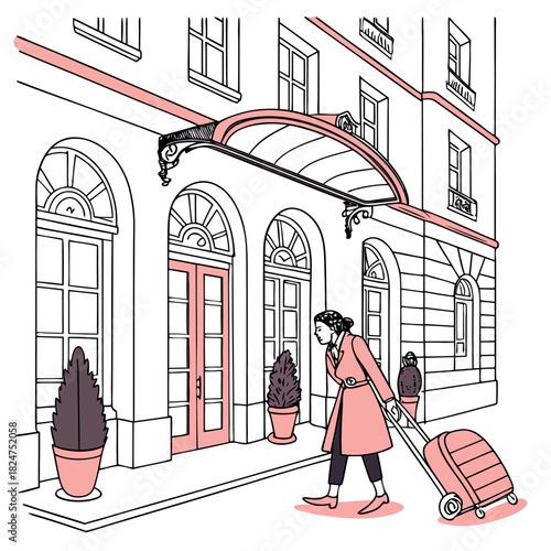 Woman Arriving at a Luxury Hotel. Traveler with Suitcase Entering an Elegant Building Entrance