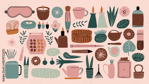 Modern hand drawn home spa and wellness elements in minimalist boho style with candles plants and beauty accessories on pastel background