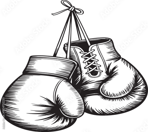 A hand-drawn illustration of worn boxing gloves hanging from a rope, 