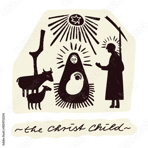 Hand drawn faith based christian christmas nativity characters. Mary Joseph andthe baby Jesus christ child born in crib in manger barn with sheep. Isolated vector icon for biblical greeting card.