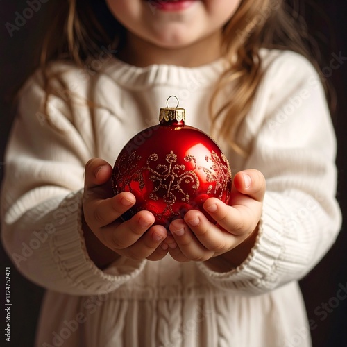 Child Holding a Red Christmas Ornament with Gold Details Giving Holiday Cheer and Joy in a Festive Setting.