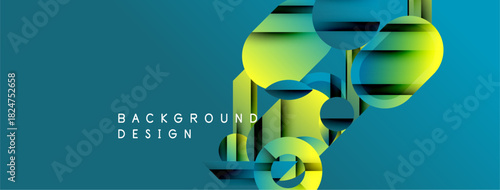 Abstract geometric shapes overlap, creating dynamic visual effect. Blue, yellow hues dominate composition. Modern design element.