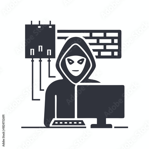 Anonymous masked figure codes on screen before server for digital vigilance