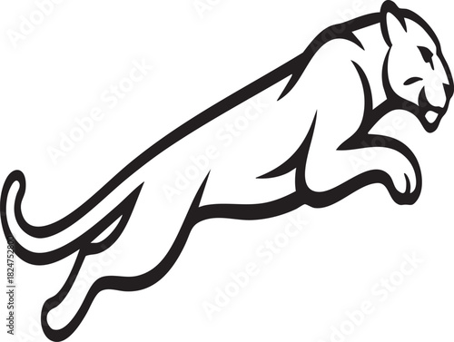 A black and white illustration of a leaping with the word below it, on a white background.