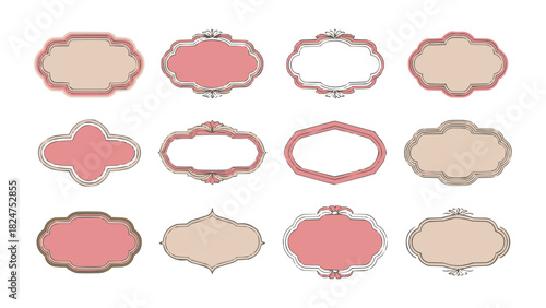 Elegant vintage label frame collection in pink and beige tones with decorative borders for packaging invitation or branding design