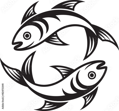 A black and white illustration of the Pisces zodiac symbol, featuring two stylized fish swimming in opposing directions within a circular formation.