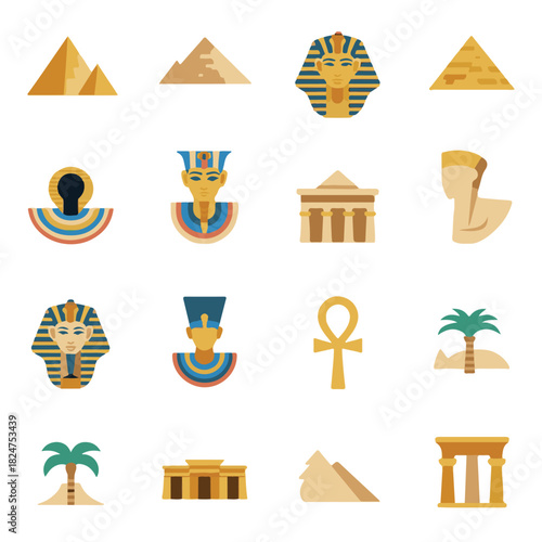Ancient Egypt Flat Icon Set: Pyramids, Pharaohs, Nefertiti, and Ankh Symbols