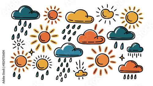 Hand drawn weather icons showing sun clouds and rain in doodle cartoon style for forecast app or climate infographic