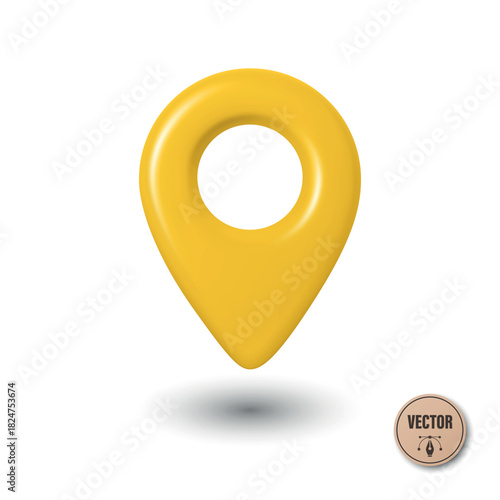 Vector 3d Realistic Yellow Map Pin Icon. Location Marker with Hole. Map Pin Symbol, Map Pin Badge for GPS, Navigation, Address, Place Pointer
