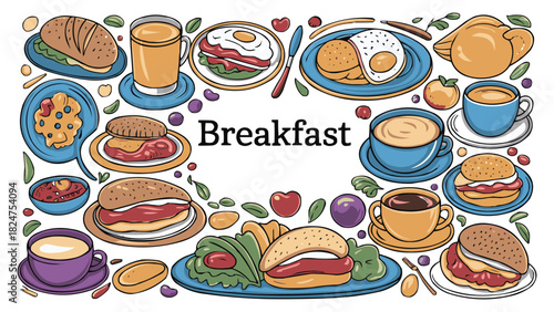 Colorful breakfast food illustration with coffee eggs sandwiches and croissants arranged around text on white background