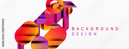 Abstract geometric shapes overlap, creating vibrant color gradients. Design features pinks, purples, oranges, yellows. Modern aesthetic.