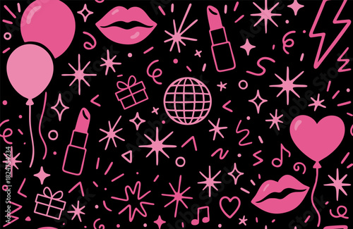 Pink party seamless pattern with lips, lipstick, balloons, hearts, stars, disco balls and gifts on black background, festive feminine celebration design. Vector illustration.