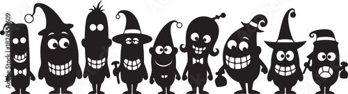A group of eight diverse cartoon monster characters in silhouette with exaggerated features and hats on transparent background