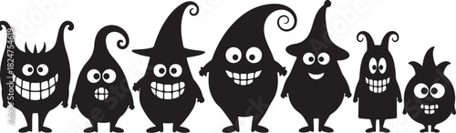 A collection of seven diverse black silhouette cartoon monsters with big smiles and expressive eyes Keywords: monster, monsters, cartoon, silhouette, black, white, cute, on transparent background