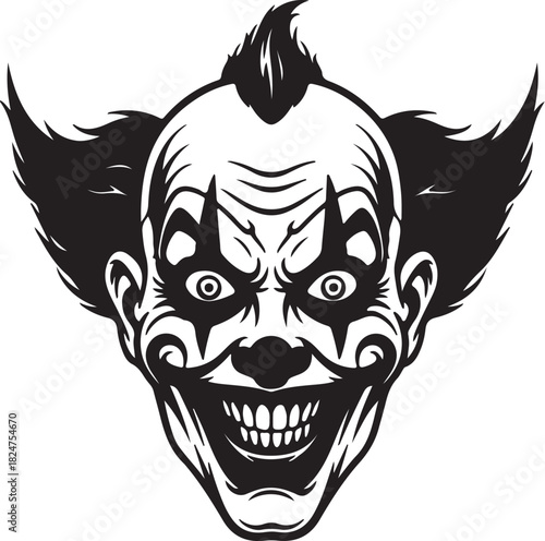 A scary clown face in black and white silhouette with wild hair and wide eyes horror portrait on transparent background